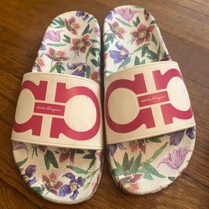 Salvador Ferragamo beach slides.